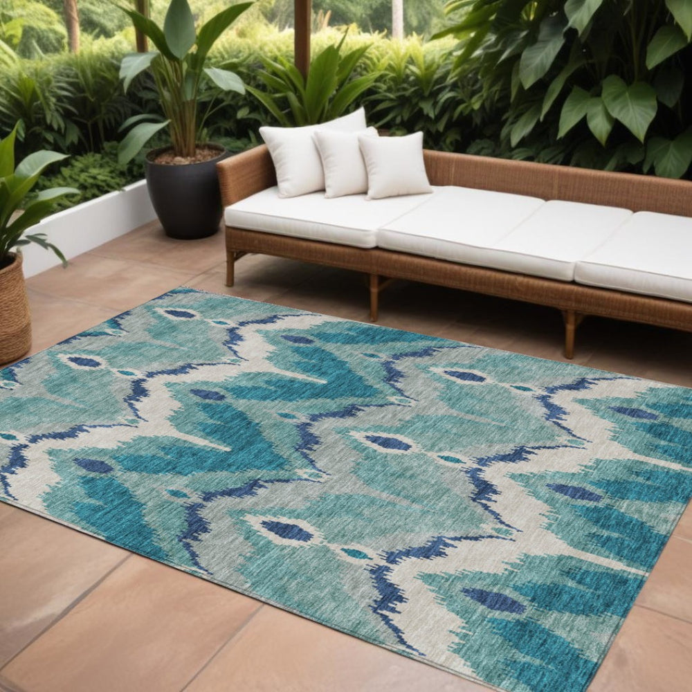 HomeRoots 9' Stylish Ikat Area Rug in Teal, Navy & Ivory – Washable, Durable, Perfect for Indoor or Outdoor Use! 9' X 12' 584390
