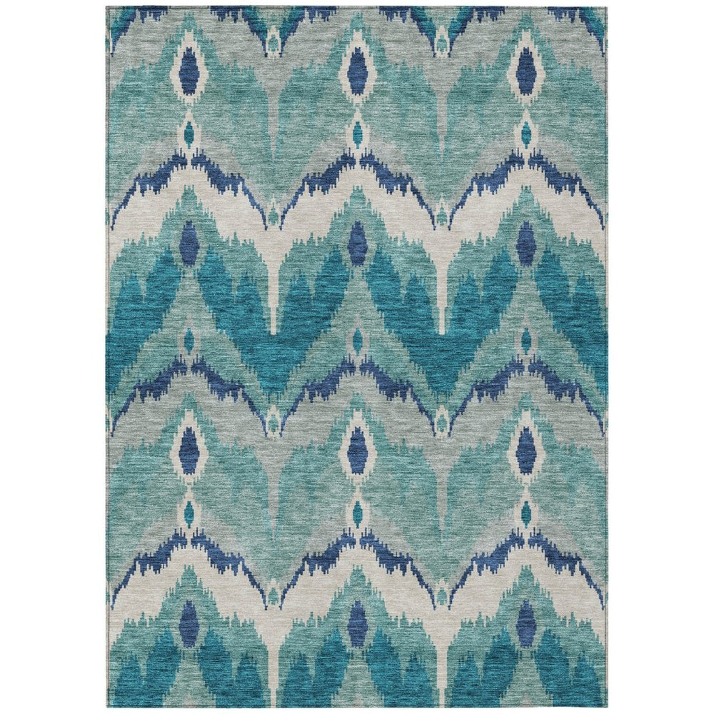 HomeRoots 9' Stylish Ikat Area Rug in Teal, Navy & Ivory – Washable, Durable, Perfect for Indoor or Outdoor Use! 9' X 12' 584390
