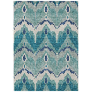 HomeRoots 9' Stylish Ikat Area Rug in Teal, Navy & Ivory – Washable, Durable, Perfect for Indoor or Outdoor Use! 9' X 12' 584390