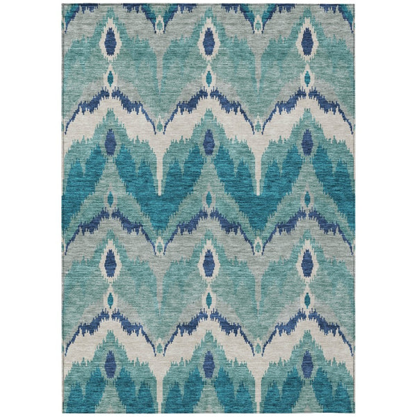 HomeRoots 9' Stylish Ikat Area Rug in Teal, Navy & Ivory – Washable, Durable, Perfect for Indoor or Outdoor Use! 9' X 12' 584390