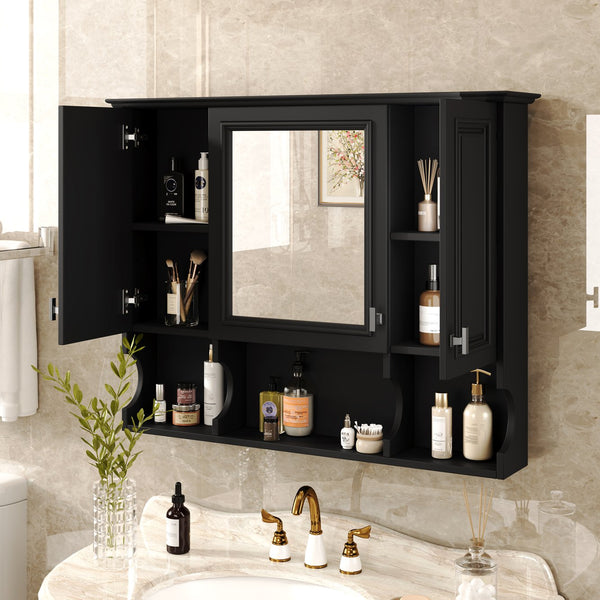 English Elm 35'' Modern Wall-Mounted Medicine Cabinet with Mirror, Hidden Storage and Open Shelves for Bath Black N710P209443B