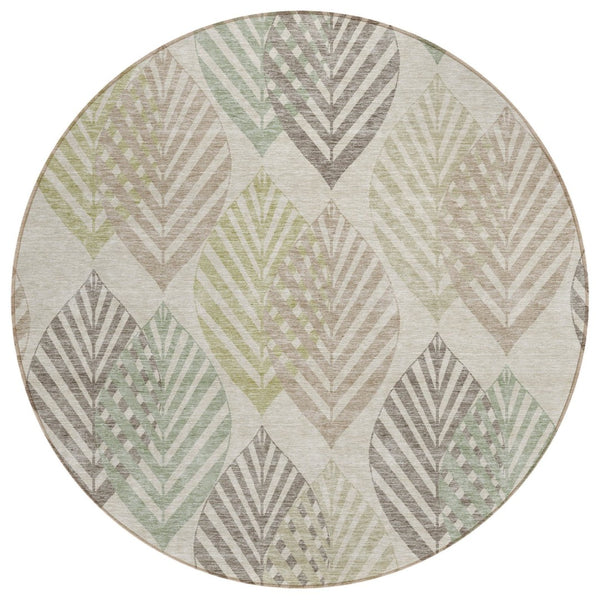 HomeRoots 5' Floral Washable Indoor Outdoor Area Rug in Beige Taupe and Artichoke Green for Versatile Style 8' Round 584400