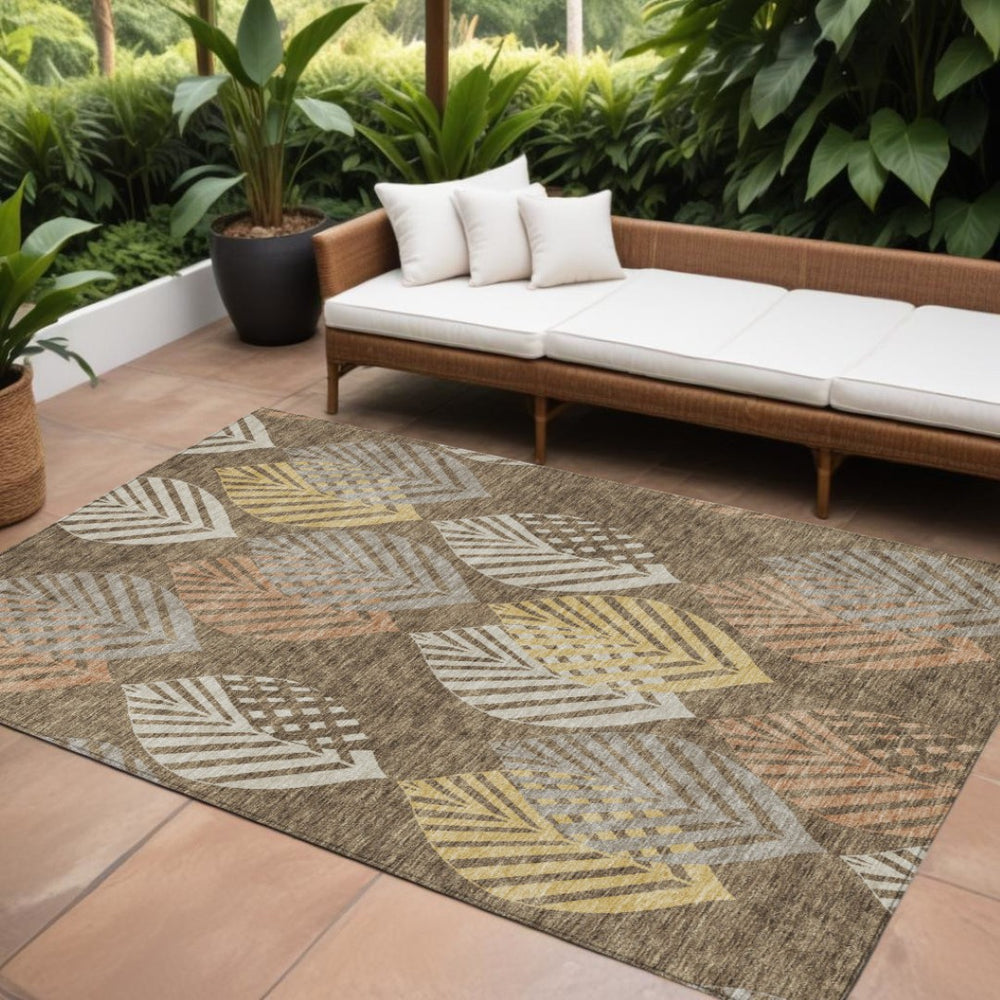 HomeRoots 9' Floral Area Rug in Chocolate Beige and Gray - Durable, Washable, Perfect for Home or Patio Decor 9' X 12' 584414