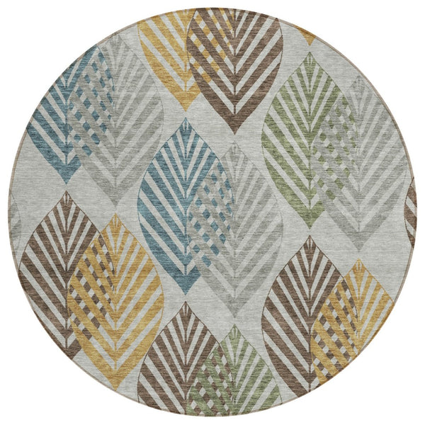 HomeRoots 5' Timeless Floral Indoor-Outdoor Area Rug in Gray-Silver and Teal Blue for Easy Care and Style 8' Round 584418