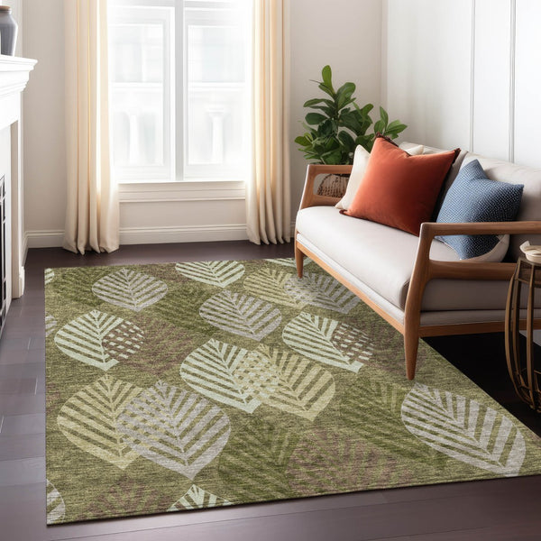 Homeroots 3' Artichoke Green Floral Area Rug - Washable, Durable, Ideal For Indoor & Outdoor Spaces 5' X 8' Polyester 584423