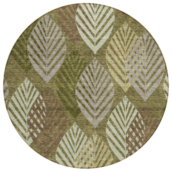 HomeRoots 5' Timeless Floral Area Rug in Olive Green and Gray - Washable, Durable, Ideal for Indoor/Outdoor Use 8' Round 584424