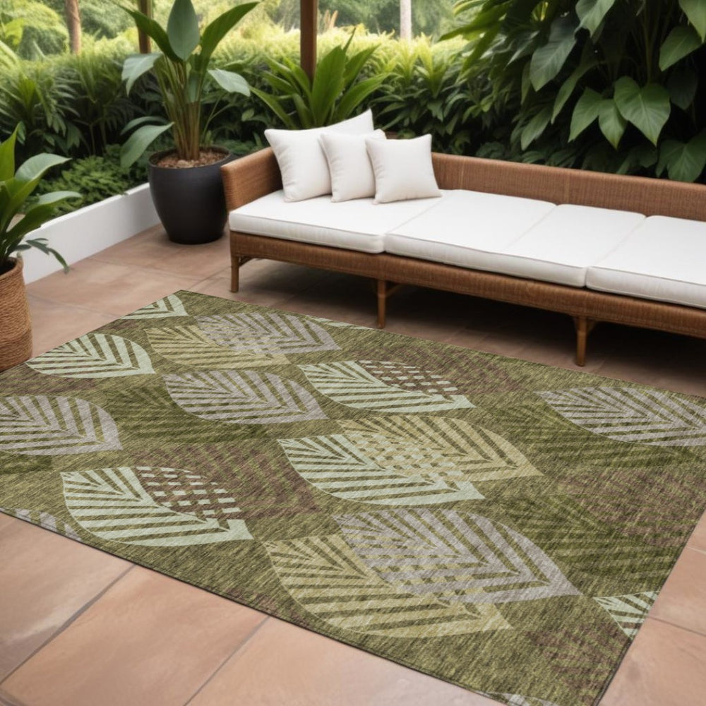 HomeRoots 5' Timeless Floral Area Rug in Olive Green and Gray - Washable, Durable, Ideal for Indoor/Outdoor Use 10' X 14' 584427