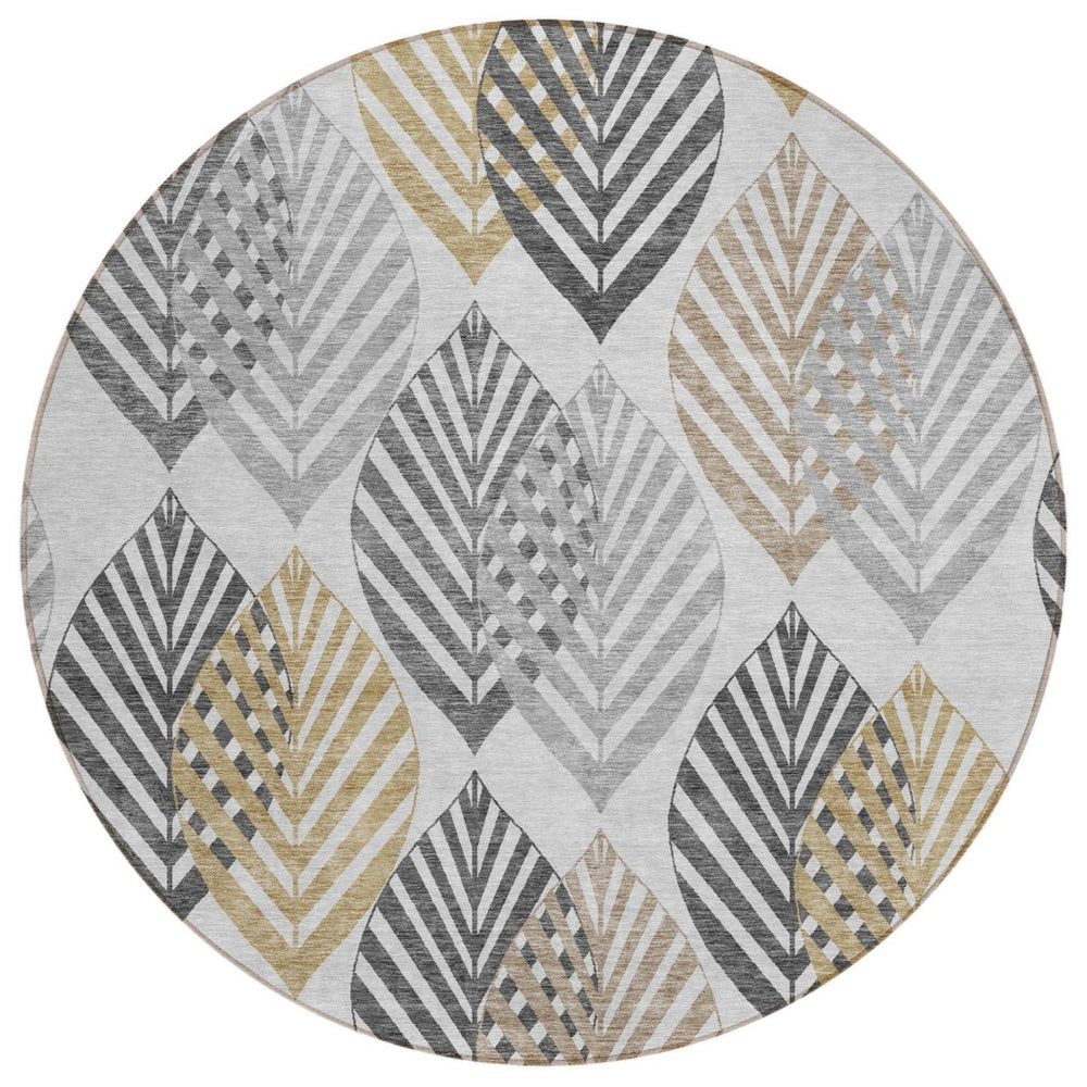 HomeRoots 5' Elegant Silver Gray and Gold Floral Area Rug - Durable, Washable for Indoor and Outdoor Spaces 8' Round 584442