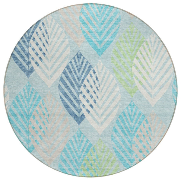 HomeRoots 5' Indoor Outdoor Teal Blue Floral Area Rug - Durable, Washable, Stain-Resistant for High-Traffic Use 8' Round 584448