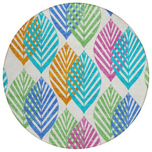 HomeRoots 5' Floral Indoor Outdoor Area Rug - Washable, Heavy-Duty Design with Vibrant Orange & Blue Accents 8' Round 584460