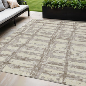 Homeroots 3' Stylish Beige Brown Taupe Striped Washable Area Rug For Indoor And Outdoor Comfort And Charm 5' X 8' Polyester 584465