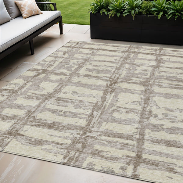 Homeroots 3' Stylish Beige Brown Taupe Striped Washable Area Rug For Indoor And Outdoor Comfort And Charm 5' X 8' Polyester 584465