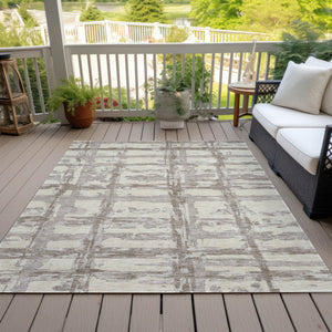 Homeroots 3' Stylish Beige Brown Taupe Striped Washable Area Rug For Indoor And Outdoor Comfort And Charm 9' X 12' Polyester 584468