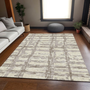 Homeroots 3' Stylish Beige Brown Taupe Striped Washable Area Rug For Indoor And Outdoor Comfort And Charm 10' X 14' Polyester 584469