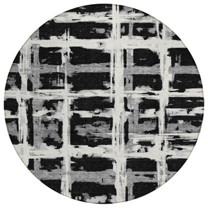 HomeRoots 5' Stylish Black Gray Silver Striped Area Rug - Durable, Washable, Perfect for Indoor & Outdoor Use 8' Round 584472