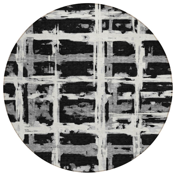 HomeRoots 5' Stylish Black Gray Silver Striped Area Rug - Durable, Washable, Perfect for Indoor & Outdoor Use 8' Round 584472