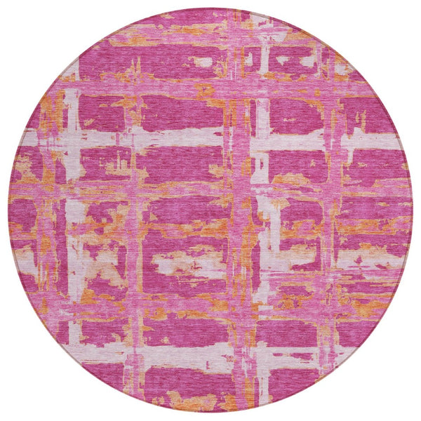 HomeRoots 5' Modern Blush Pink and Orange Striped Rug – Durable, Washable, Versatile for Indoor & Outdoor Use 8' Round 584478