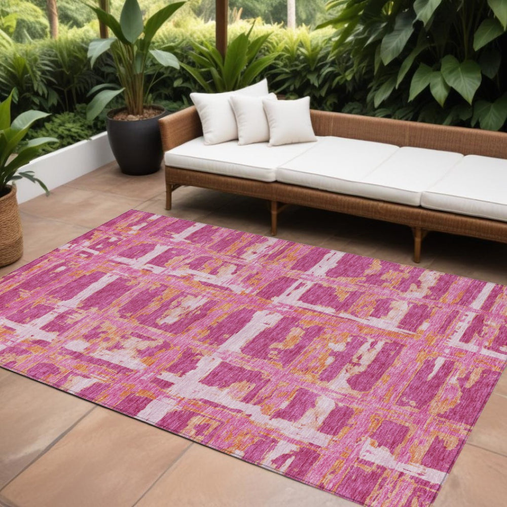 HomeRoots 5' Modern Blush Pink and Orange Striped Rug – Durable, Washable, Versatile for Indoor & Outdoor Use 10' X 14' 584481