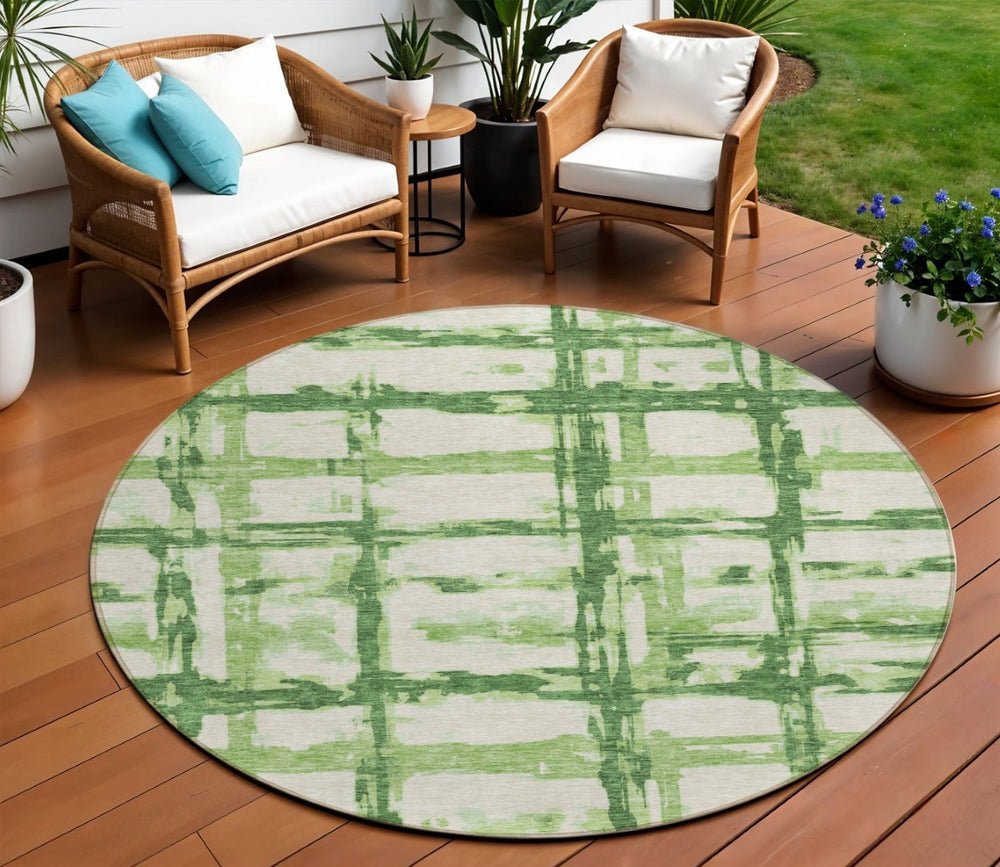 HomeRoots 5' Durable Artichoke Green and Emerald Striped Washable Area Rug for Indoor and Outdoor Use 8' Round 584484