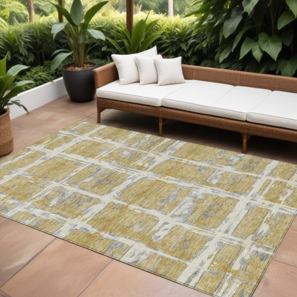 HomeRoots 5' Gold Beige and Gray Striped Area Rug - Stylish, Washable Design for Indoor and Outdoor Spaces 10' X 14' 584493
