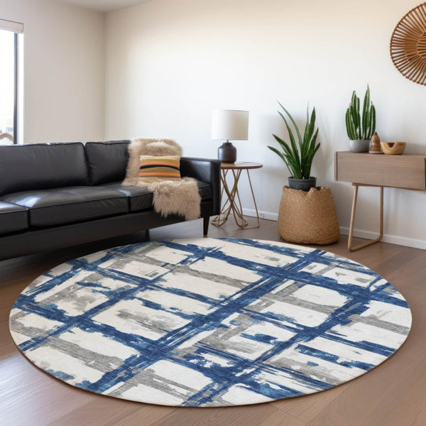 HomeRoots 5' Stylish Washable Striped Area Rug in Navy, Gray & Silver - Perfect for Indoor and Outdoor Spaces 8' Round 584496