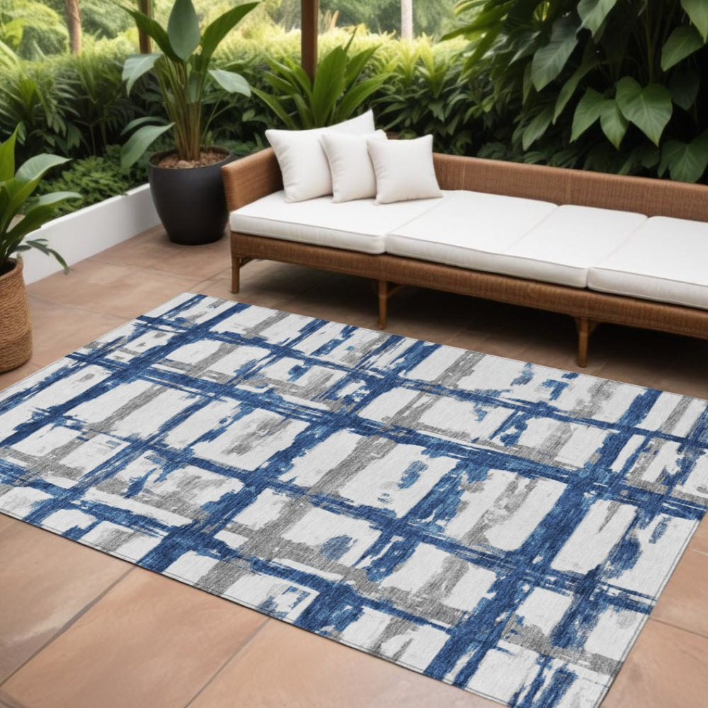 HomeRoots 9' Stylish Navy Blue Gray and Silver Striped Area Rug for Indoor and Outdoor High-Traffic Spaces 9' X 12' 584498