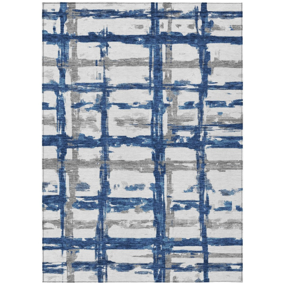 HomeRoots 9' Stylish Navy Blue Gray and Silver Striped Area Rug for Indoor and Outdoor High-Traffic Spaces 9' X 12' 584498