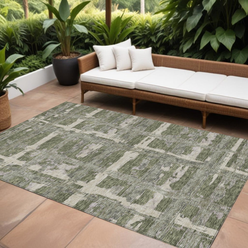 HomeRoots 5' Striped Indoor Outdoor Area Rug in Olive Green, Gray & Beige – Durable, Washable & Versatile Design 10' X 14' 584505
