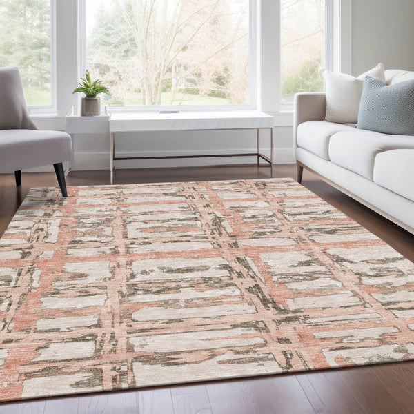 Homeroots 3' Stylish Beige Brown Taupe Striped Washable Area Rug For Indoor And Outdoor Comfort And Charm 8' X 10' Polyester 584509