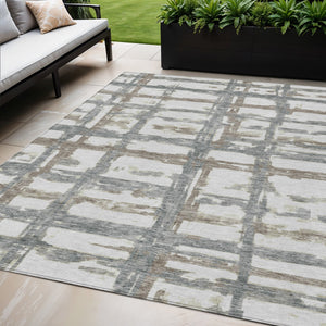 Homeroots 3' Stylish Beige Brown Taupe Striped Washable Area Rug For Indoor And Outdoor Comfort And Charm 5' X 8' Polyester 584519