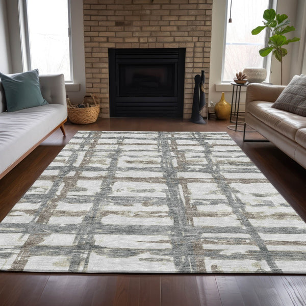 Homeroots 3' Stylish Beige Brown Taupe Striped Washable Area Rug For Indoor And Outdoor Comfort And Charm 8' X 10' Polyester 584521