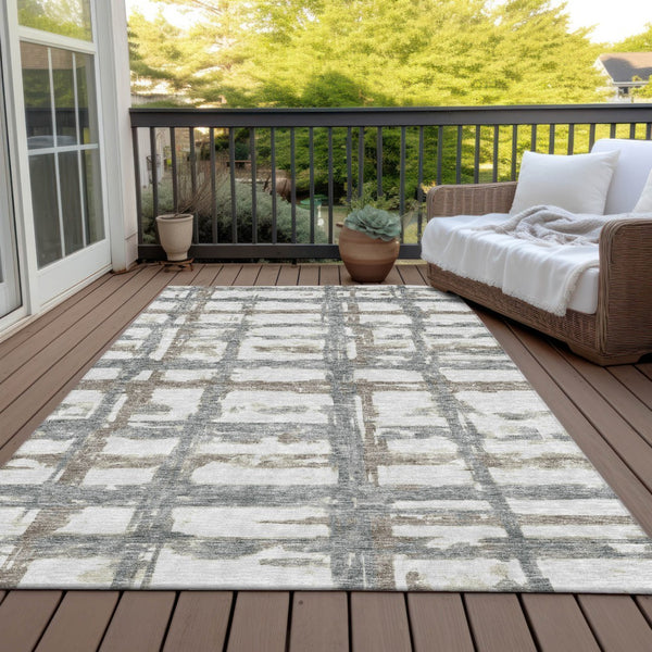 Homeroots 3' Stylish Beige Brown Taupe Striped Washable Area Rug For Indoor And Outdoor Comfort And Charm 10' X 14' Polyester 584523