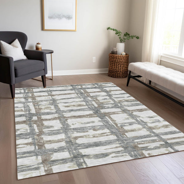 Homeroots 3' Stylish Beige Brown Taupe Striped Washable Area Rug For Indoor And Outdoor Comfort And Charm 10' X 14' Polyester 584523