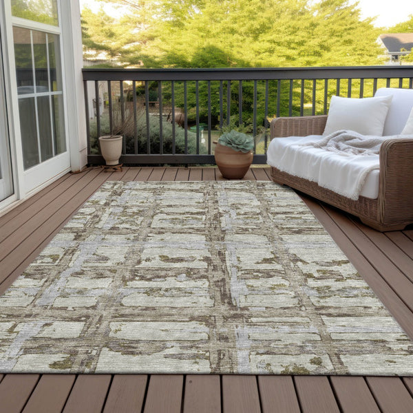 Homeroots 3' Stylish Beige Brown Taupe Striped Washable Area Rug For Indoor And Outdoor Comfort And Charm 10' X 14' Polyester 584535