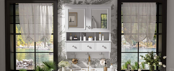 English Elm 4-in-1 Wall Mounted Bathroom Cabinet with Mirror Drawers and Towel Hooks Vanity White N710P405416K