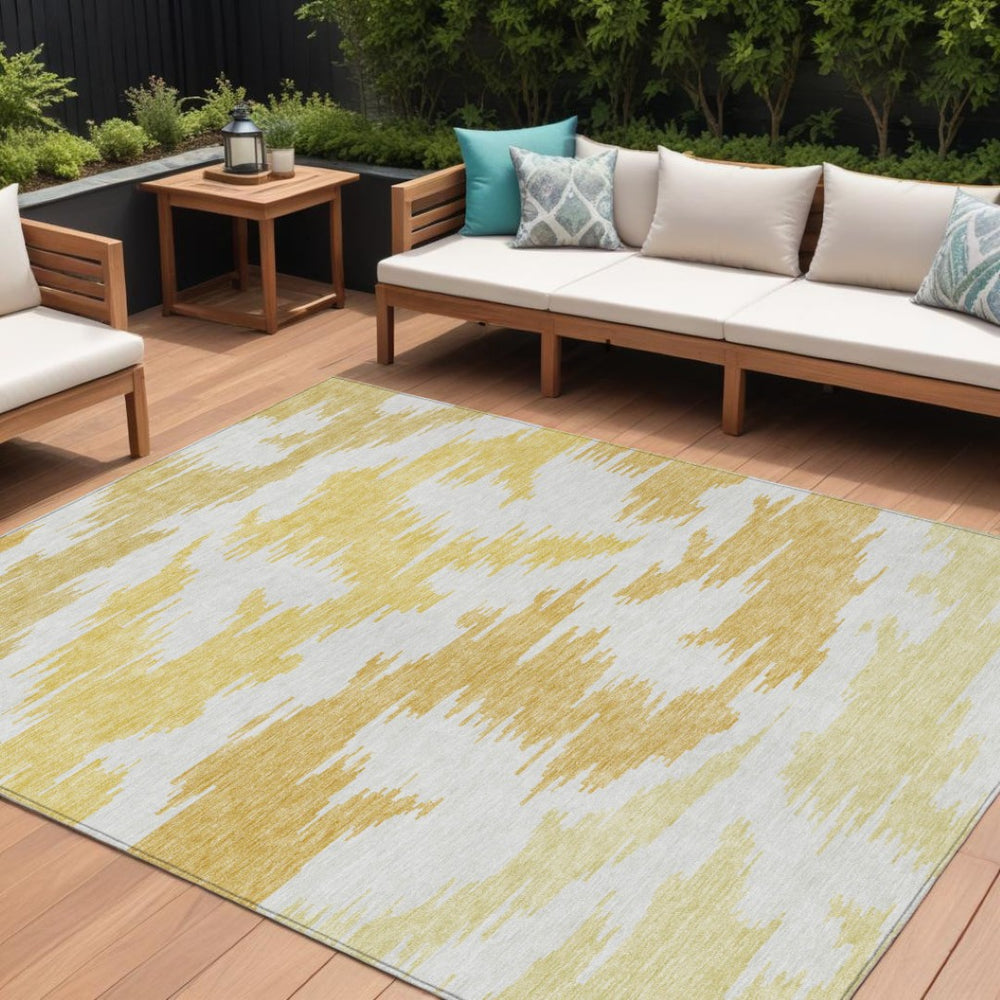 HomeRoots 5' Abstract Washable Indoor Outdoor Area Rug in Gold Beige & Wheat – Durable & Easy-Care Design 10' X 14' 584565
