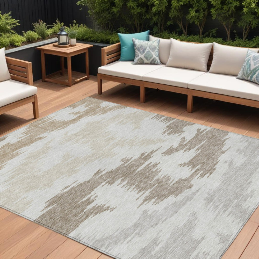 HomeRoots 5' Contemporary Abstract Area Rug in Ivory, Beige, and Brown – Washable for Indoor/Outdoor Use 10' X 14' 584571