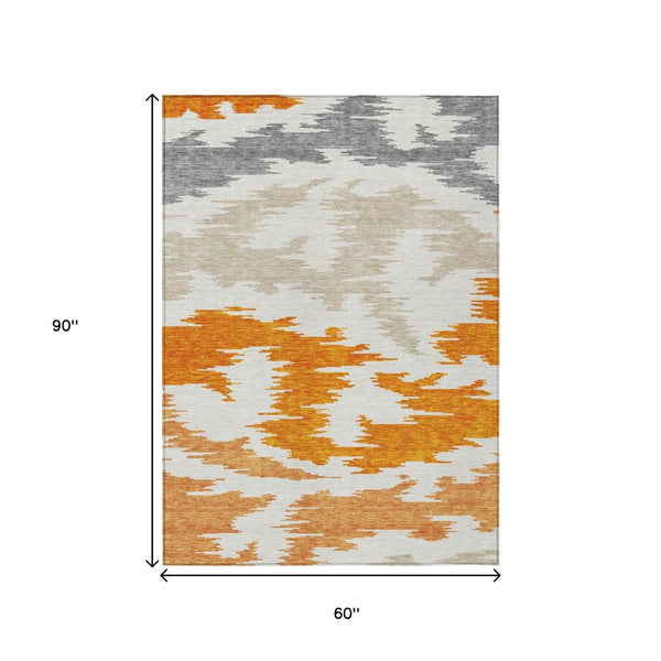 HomeRoots 5' Vibrant Abstract Washable Indoor Outdoor Area Rug – Modern Orange, Beige, and Ivory Design 5' X 8' 584579