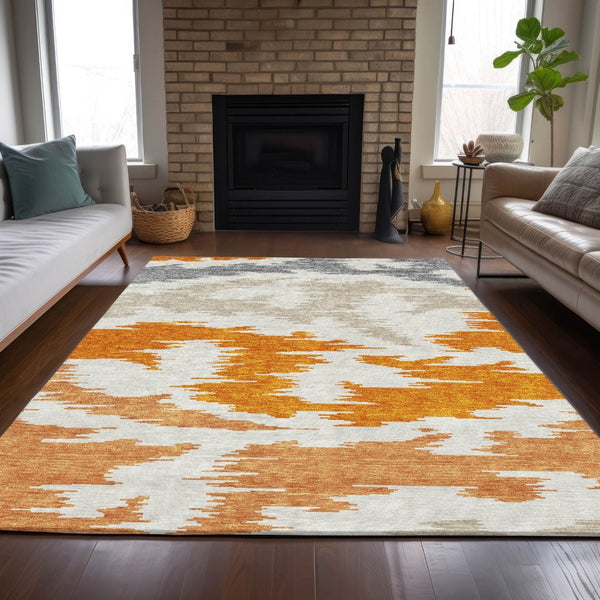 HomeRoots 5' Vibrant Abstract Washable Indoor Outdoor Area Rug – Modern Orange, Beige, and Ivory Design 5' X 8' 584579