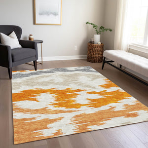 HomeRoots 5' Vibrant Abstract Washable Indoor Outdoor Area Rug – Modern Orange, Beige, and Ivory Design 5' X 8' 584579