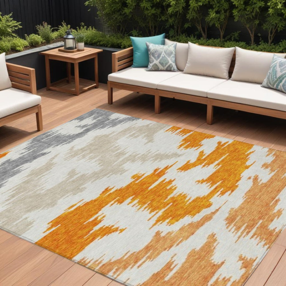 HomeRoots 5' Vibrant Abstract Washable Indoor Outdoor Area Rug – Modern Orange, Beige, and Ivory Design 8' X 10' 584581