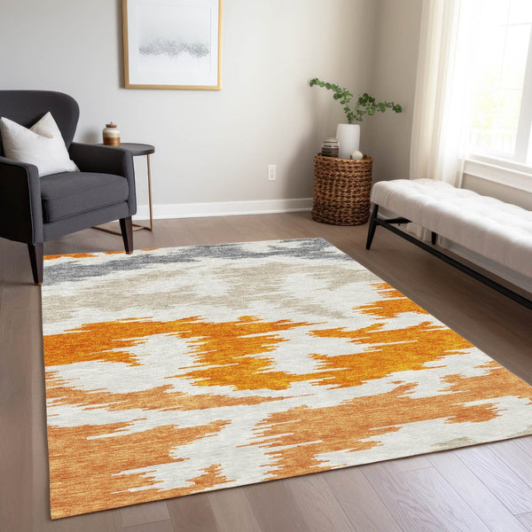 HomeRoots 5' Vibrant Abstract Washable Indoor Outdoor Area Rug – Modern Orange, Beige, and Ivory Design 9' X 12' 584582