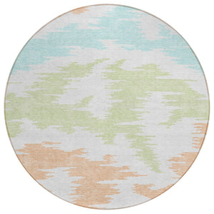 HomeRoots 5' Abstract Washable Area Rug in White, Sky Blue & Artichoke Green for Modern Indoor/Outdoor Style 8' Round 584598