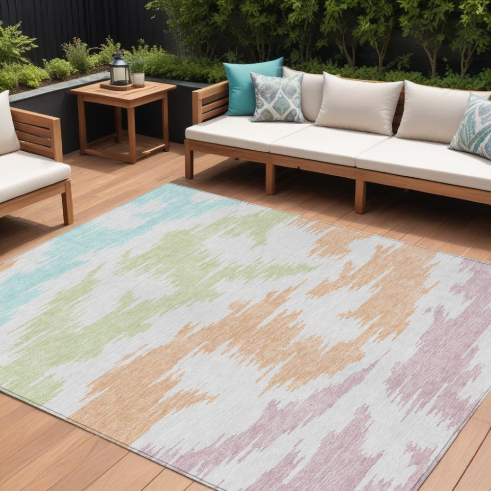 HomeRoots 5' Abstract Washable Area Rug in White, Sky Blue & Artichoke Green for Modern Indoor/Outdoor Style 8' X 10' 584599