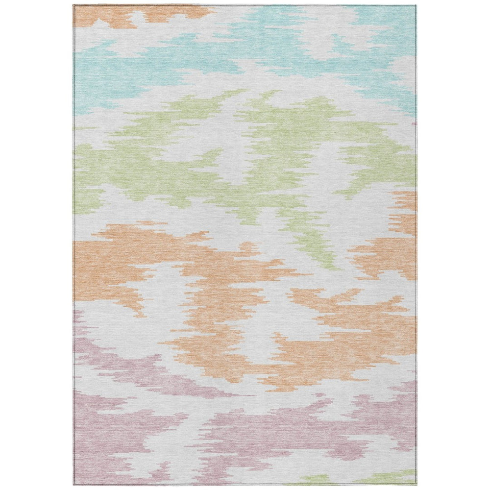 HomeRoots 5' Abstract Washable Area Rug in White, Sky Blue & Artichoke Green for Modern Indoor/Outdoor Style 8' X 10' 584599