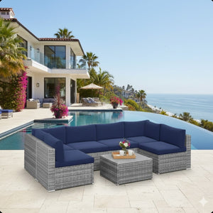 English Elm 7-piece Outdoor Modular Sectional Pe Wicker Patio Set with Tempered Glass Coffee Table Gray+Navy B082S00073