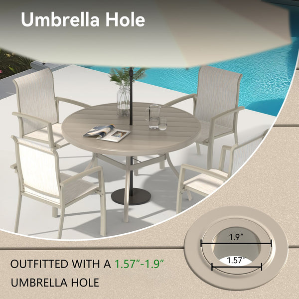 English Elm Outdoor Round Patio Dining Table with Powder-Coated Steel, Seats 6-7, Umbrella Hole, Rust-Resist Sandstone W213P335111
