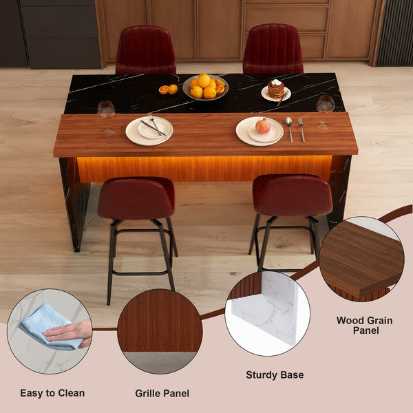 English Elm 63-Inch Modern Kitchen Island Set With 4 Bar Stools, Black Marble Surface & Led Lighting For Dining W2699S00067