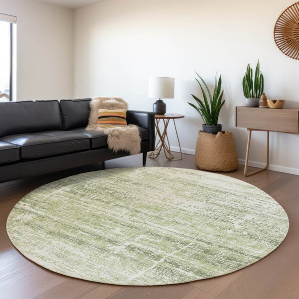 HomeRoots 5' Stylish Artichoke Green and Ivory Abstract Washable Indoor-Outdoor Area Rug for Modern Spaces 8' Round 584604