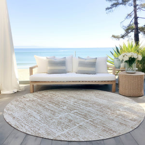 HomeRoots 5' Modern Abstract Washable Area Rug in Beige, Taupe & Ivory for Indoor & Outdoor Spaces 8' Round 584610